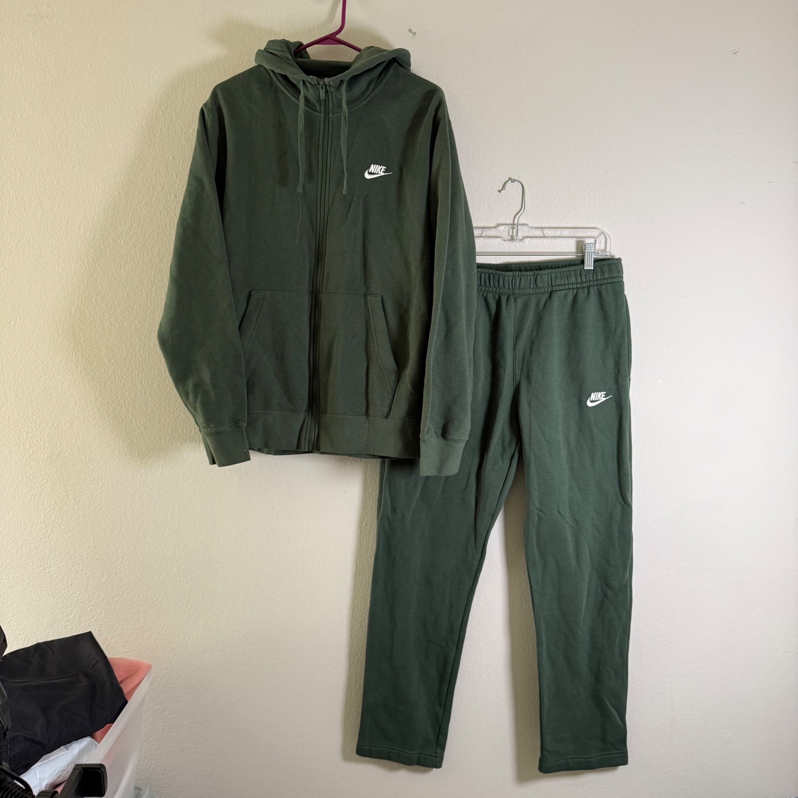 Nike Mens Club Fleece Full Zip Hoodie And Joggers Tracksuit Set Green Large